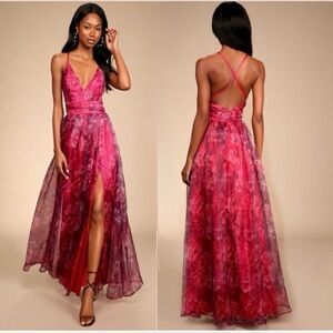 Lulus Romance That Wows Magenta Floral Print Organza
Maxi Dress, Size S, NWT